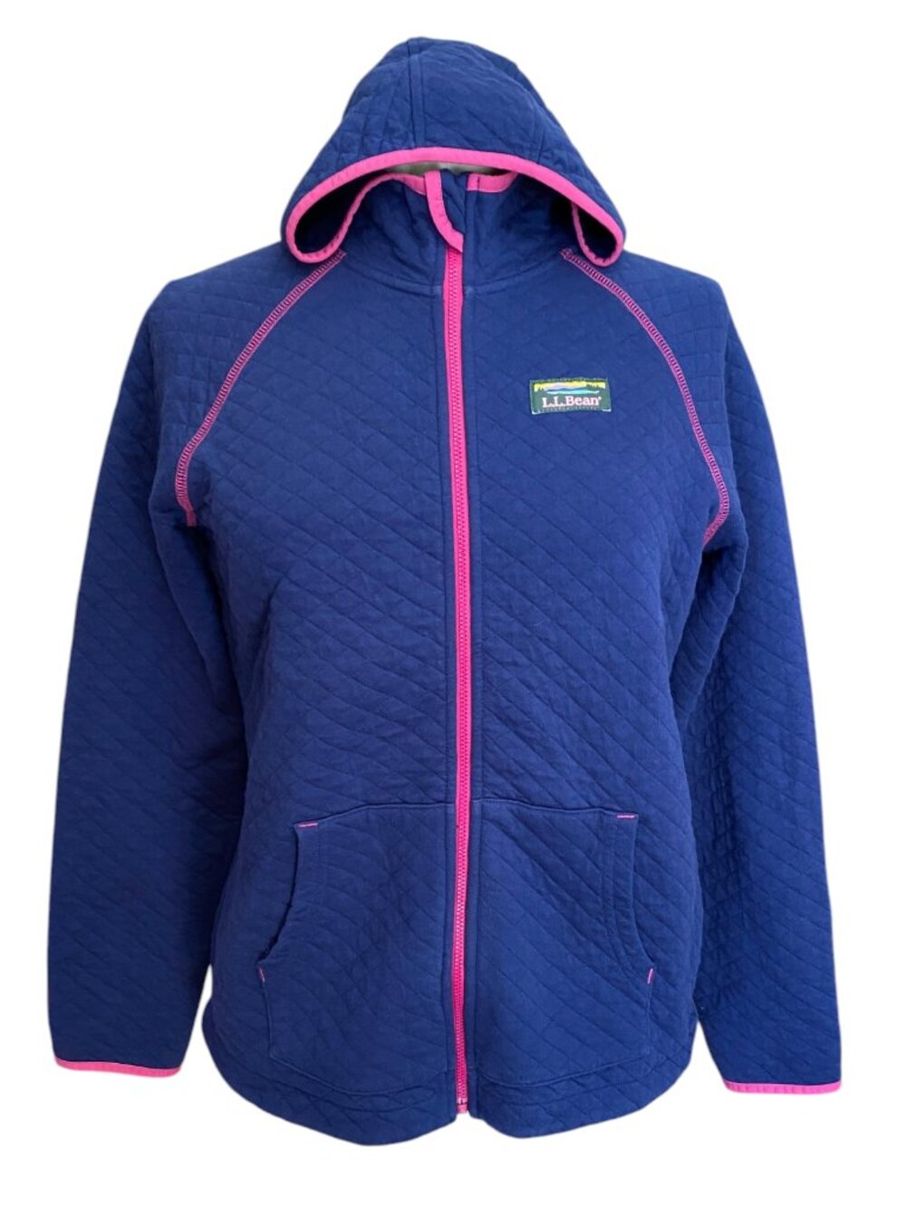 LL Bean Kids Quilted Airlight Full Zip Hoodie Jacket Blue Pink Trim Gorpcore-L